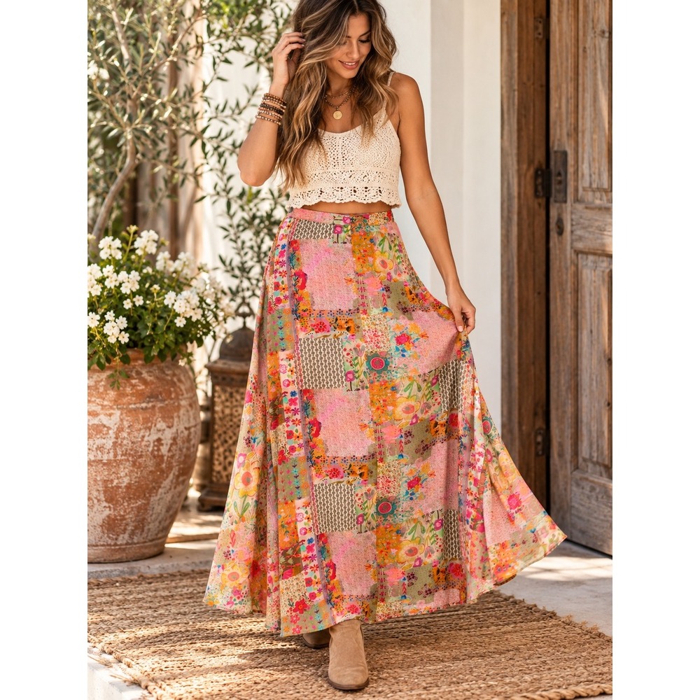 Natural Life Patchwork Floral Maxi Skirt Size M Boho Cottagecore Hippie Folk